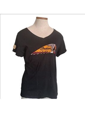 INDIAN MOTORCYCLES ladies V neck Tshirt TEE black screen print cotton coastal L